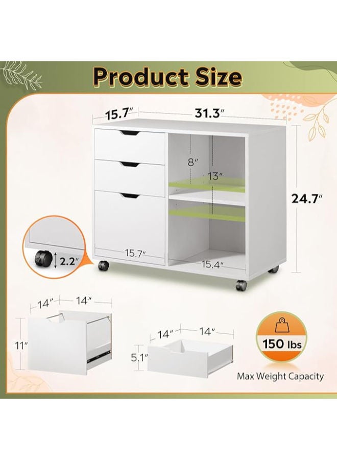 ماركيرو جروب خزانة ملفات خشبية أنيقة بثلاثة أدراج مع أرفف تخزين مفتوحة - حامل جانبي متنقل للملفات والطابعات للمكتب المنزلي، باللون الأبيض. - Image 2