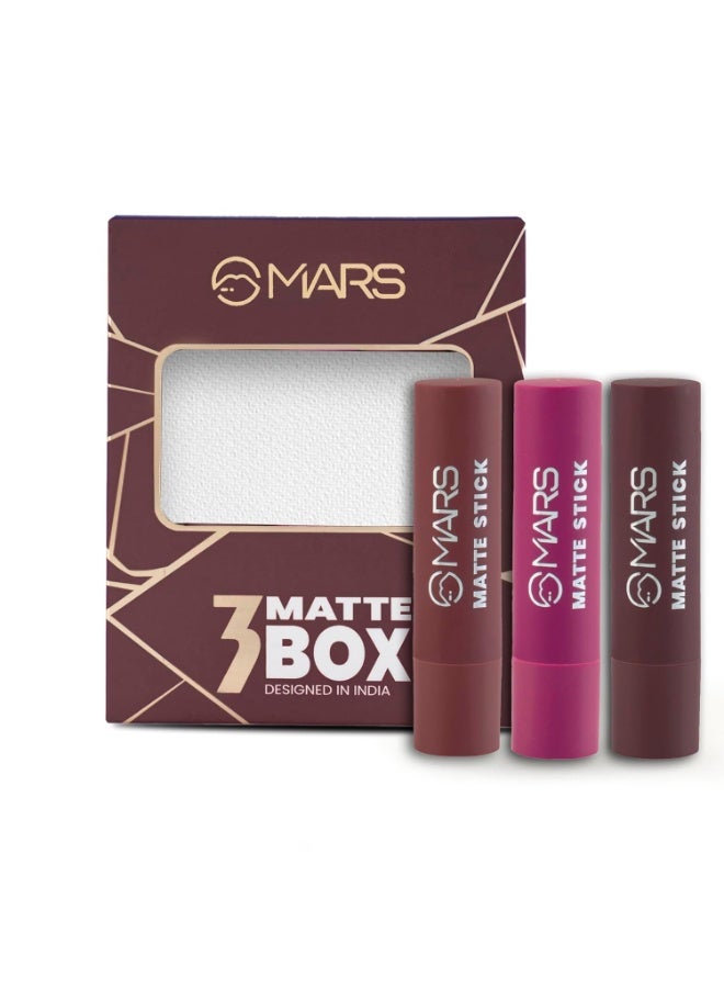 MARS Matte Box Set of 3 Lipsticks for Women | Long-Lasting | Smooth Finish | Moisturising | One Swipe Pigmentation | (3x3.2 gm) (06-All Rounder) - Image 1