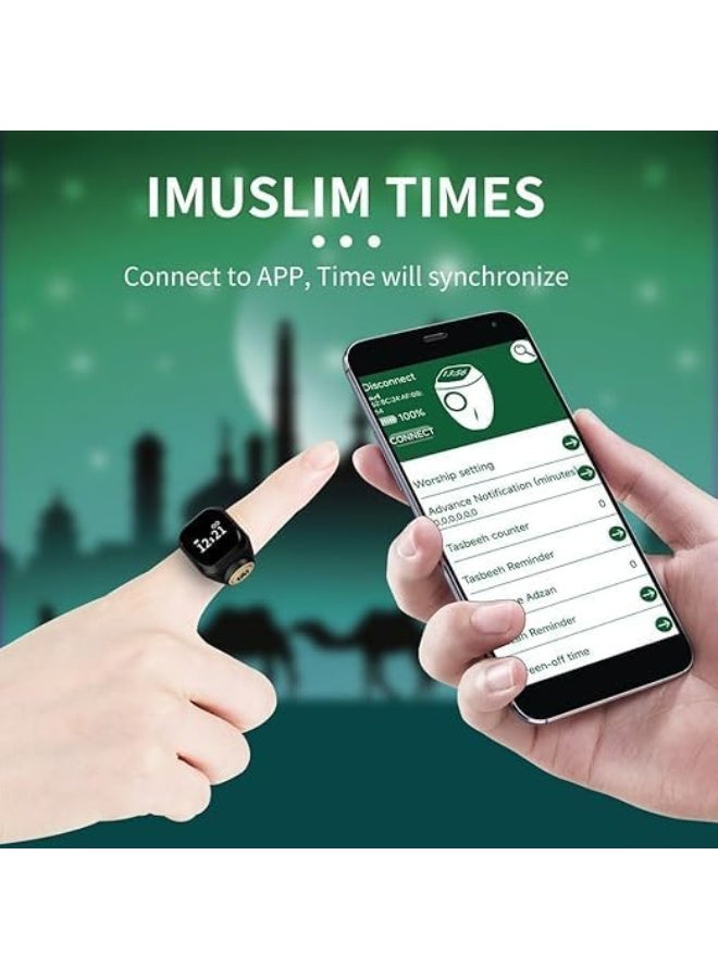 خاتم ذكر ذكي رقمي مقاس 22 مع شاشة، بلوتوث، عداد تسبيح، وتذكير بالصلاة، أسود - Image 5