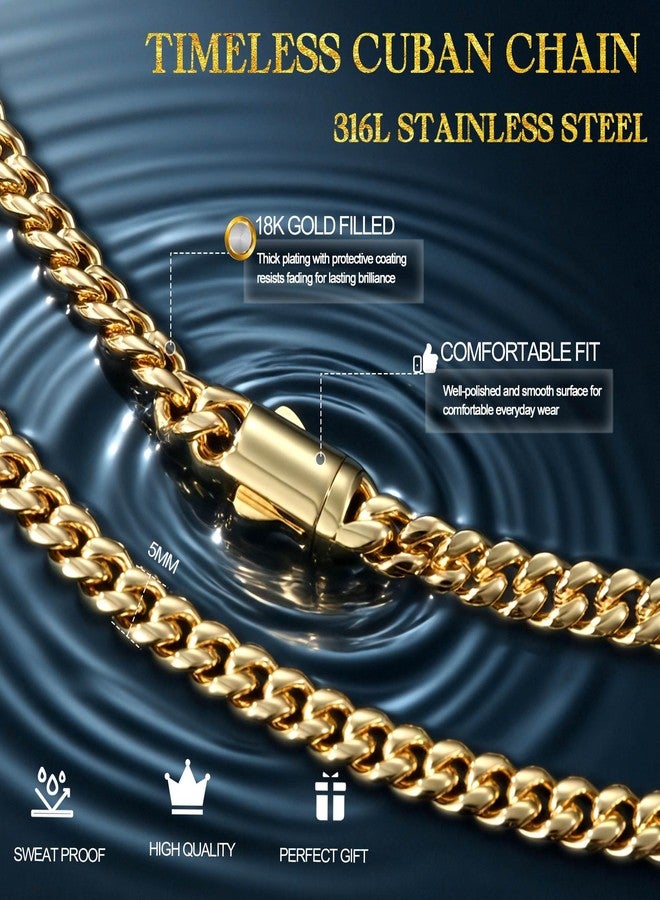 MUSECLOUD Gold Cuban Link Chain for Men Mens Stainless Steel Miami Curb Chains Necklace 5/8mm Thick Real Gold/Silver/Black Plated Diamond Cut Non-Tarnish Jewelry18-26 Inch, 18 in (46 cm), Gold, No - Image 2