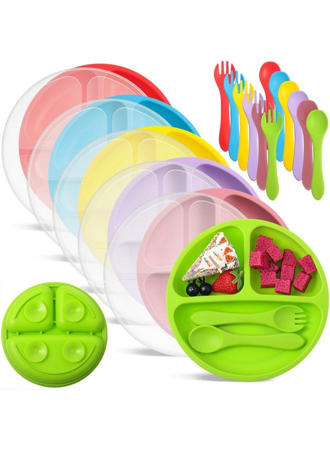 Meanplan 6 Pack Suction Plates With Lids Silicone Baby Plates Toddler Plates Divided Design Stay Put With Suction Feature Bpa Free Microwave And Dishwasher Safe Assorted Colors (Bright Colors) - Image 1