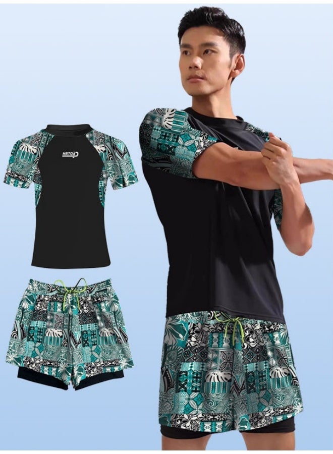 Men's Quick-Dry Swimwear 2-Piece Set - UPF 50+ Swim Shirt & Modest Swim Trunks for Beach/Pool/Water Sports | Lightweight & Breathable Swim Outfit ,Loose swimsuits for beach vacation,Breathable, comfortable, and quick drying - Image 1