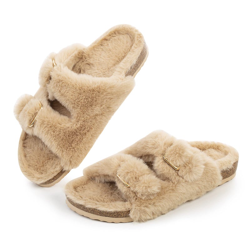 FITORY Womens Open Toe Slipper with Cozy Lining,Faux Rabbit Fur Cork Slide Sandals Size 7 - Image 1