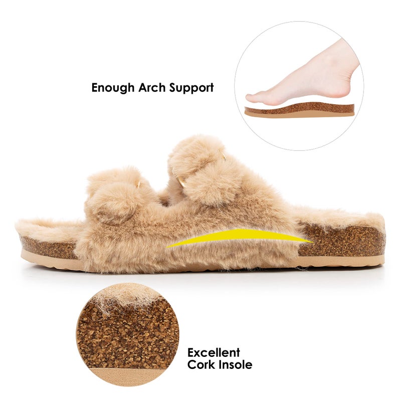 FITORY Womens Open Toe Slipper with Cozy Lining,Faux Rabbit Fur Cork Slide Sandals Size 7 - Image 2