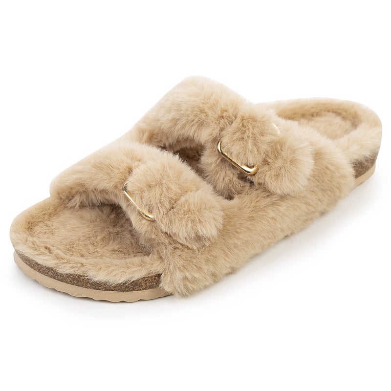 FITORY Womens Open Toe Slipper with Cozy Lining,Faux Rabbit Fur Cork Slide Sandals Size 7 - Image 3