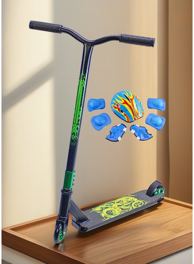 EASY FUTURE Freestyle Stunt Scooter – 2 Wheel Pro Scooter for Tricks with Aluminium Grip Deck, 110 mm Alloy Wheels, Wide T-Bar, Steel Brake, Lightweight 360° Stunts, Perfect for Beginner to Intermediate Including Full Protective Gear Set - Image 1