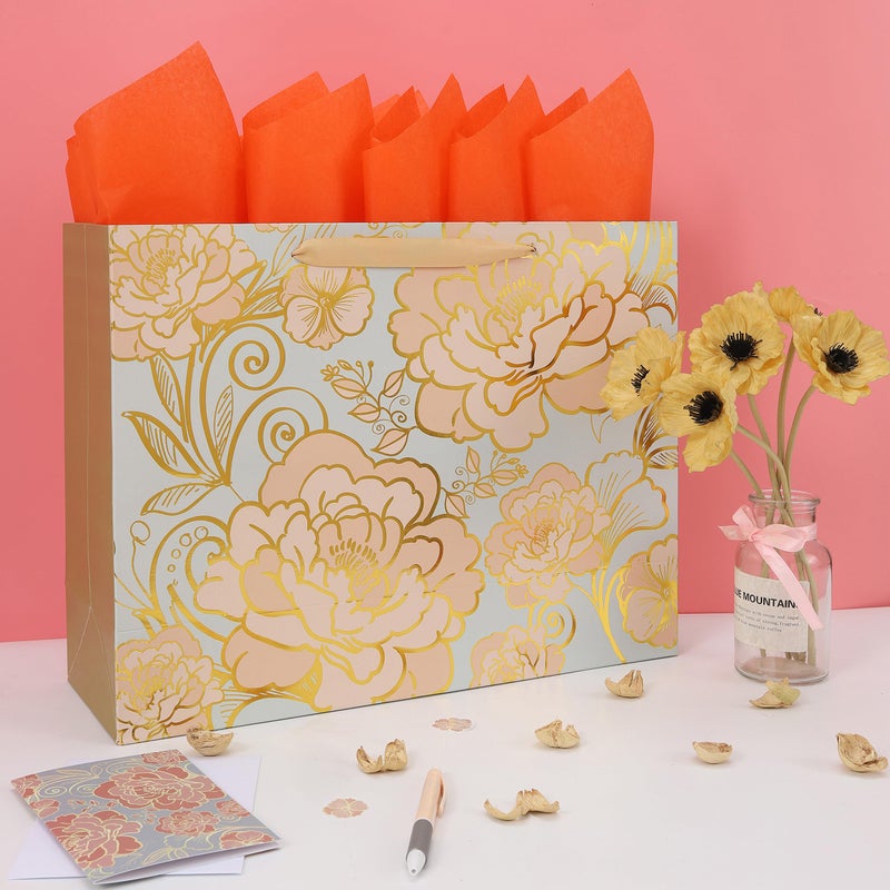 wishinside 16.5â€ Extra Large Rose Gold Gift Bag Set with Handles, Greeting Card, Tissue Papers and Stickers for Women Girls for Birthday, Motherâ€™s Day, Wedding, Valentine's Day and Foil Traced Flowers Design, 1 Pcs - Image 5