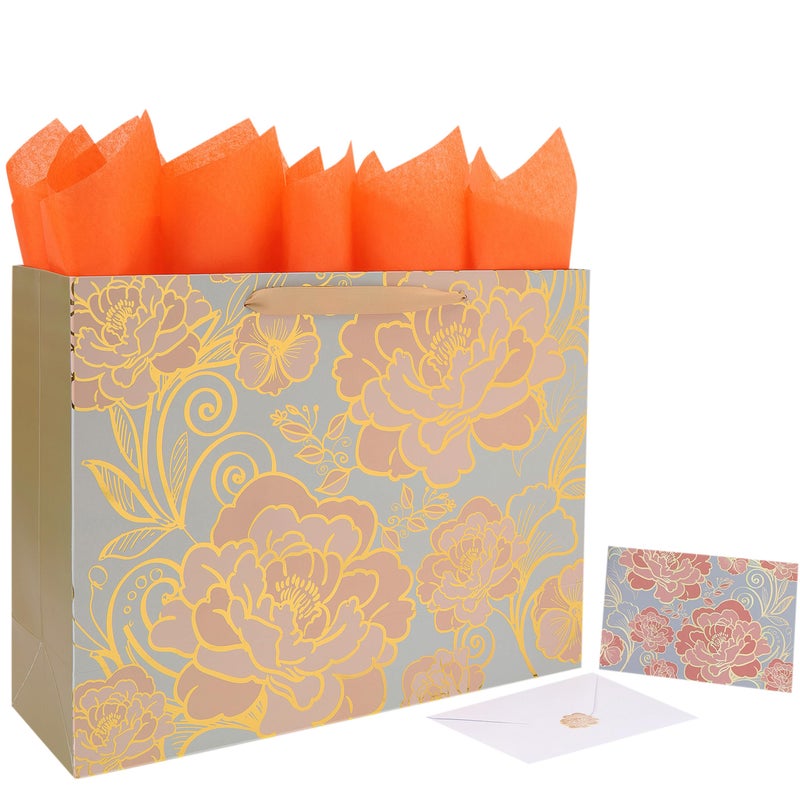wishinside 16.5â€ Extra Large Rose Gold Gift Bag Set with Handles, Greeting Card, Tissue Papers and Stickers for Women Girls for Birthday, Motherâ€™s Day, Wedding, Valentine's Day and Foil Traced Flowers Design, 1 Pcs - Image 1