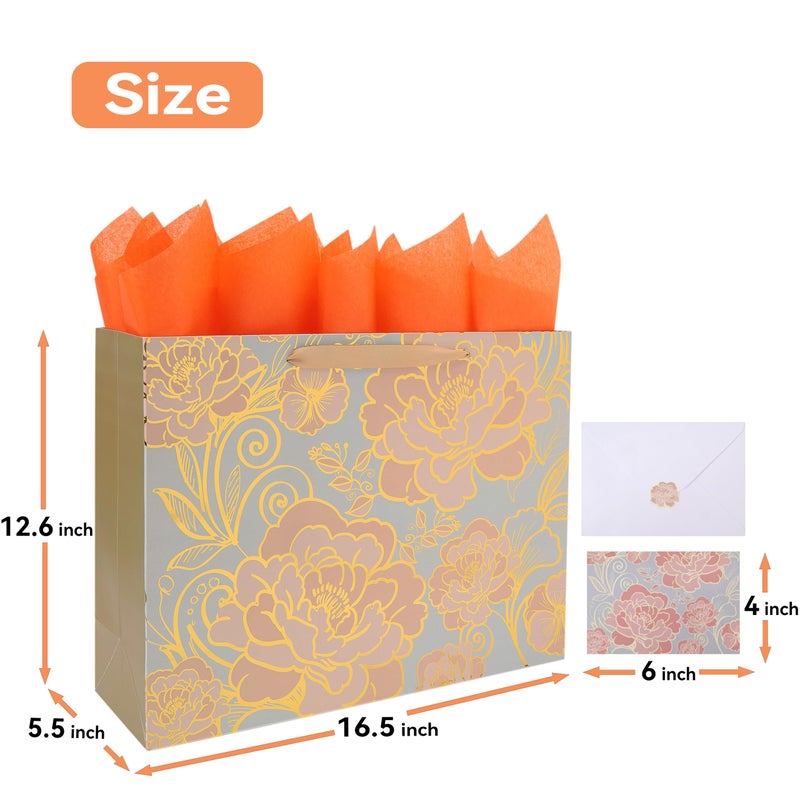 wishinside 16.5â€ Extra Large Rose Gold Gift Bag Set with Handles, Greeting Card, Tissue Papers and Stickers for Women Girls for Birthday, Motherâ€™s Day, Wedding, Valentine's Day and Foil Traced Flowers Design, 1 Pcs - Image 2