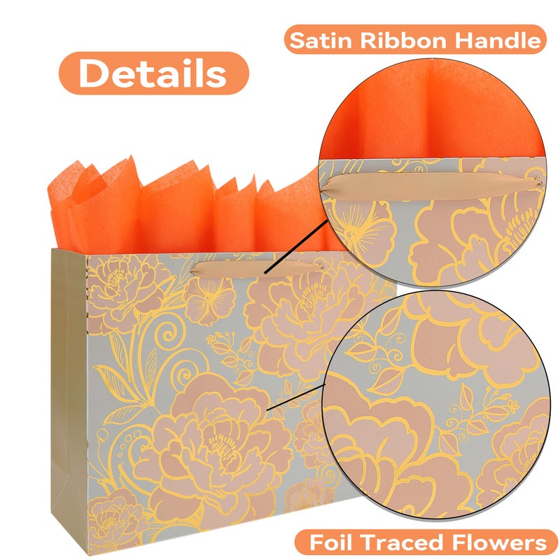 wishinside 16.5â€ Extra Large Rose Gold Gift Bag Set with Handles, Greeting Card, Tissue Papers and Stickers for Women Girls for Birthday, Motherâ€™s Day, Wedding, Valentine's Day and Foil Traced Flowers Design, 1 Pcs - Image 4