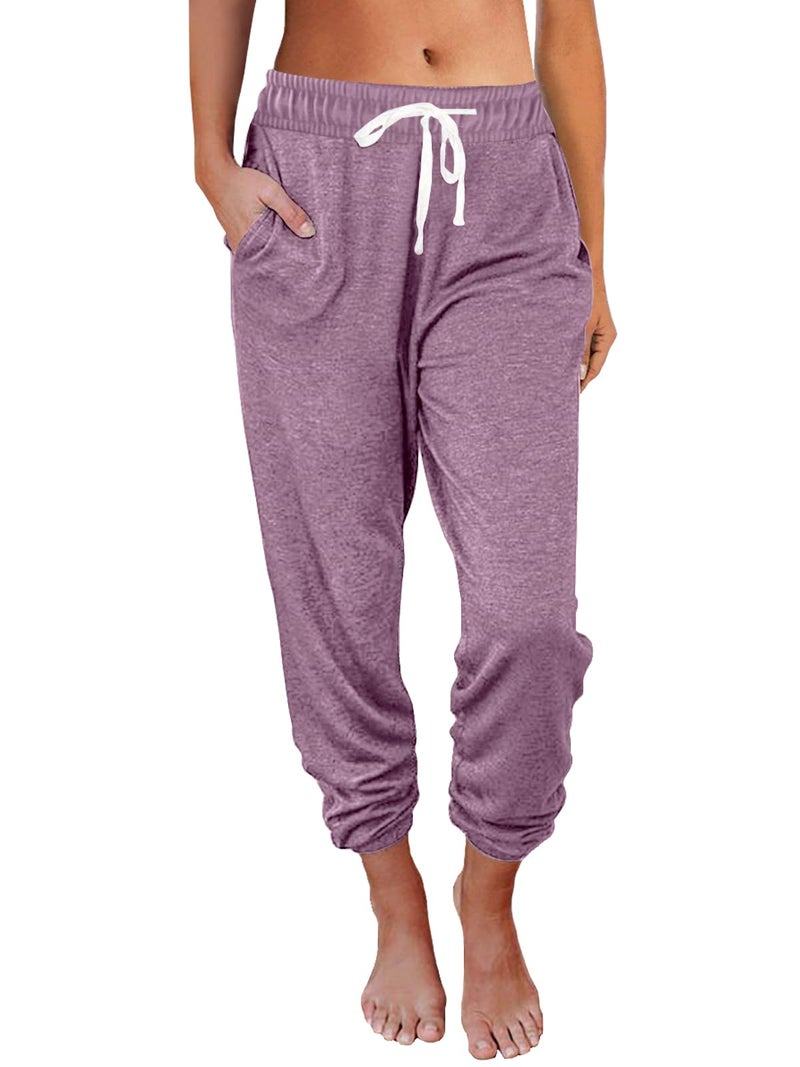 AUTOMET Womenâ€˜s High-Waisted Sweatpants with Pockets, Loose Lounge & Pajama Pants for Fall, Winter, Spring Yoga Travel Lightpurple S - Image 1