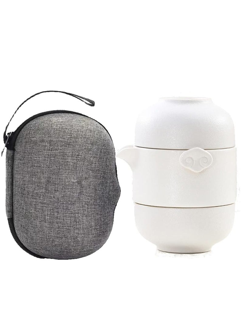 Squalo Travel Tea Set, Porcelain Teapot and Teacups for 2 with Travel Bag (White) - Image 1
