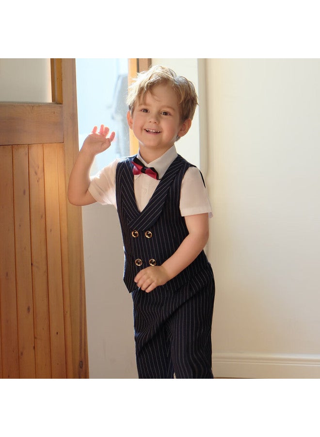 Luobobeibei Children's Formal Wear, Spring And Summer Style, Boys' British Striped Vest Performance Costume Set, Navy Blue Four-piece Set, Size 140 - Image 2
