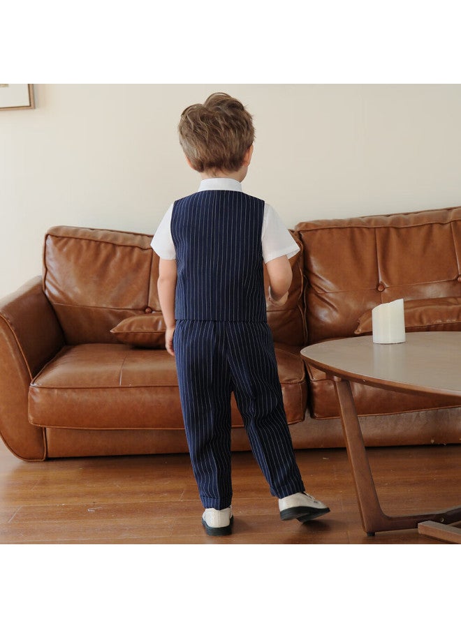 Luobobeibei Children's Formal Wear, Spring And Summer Style, Boys' British Striped Vest Performance Costume Set, Navy Blue Four-piece Set, Size 140 - Image 5