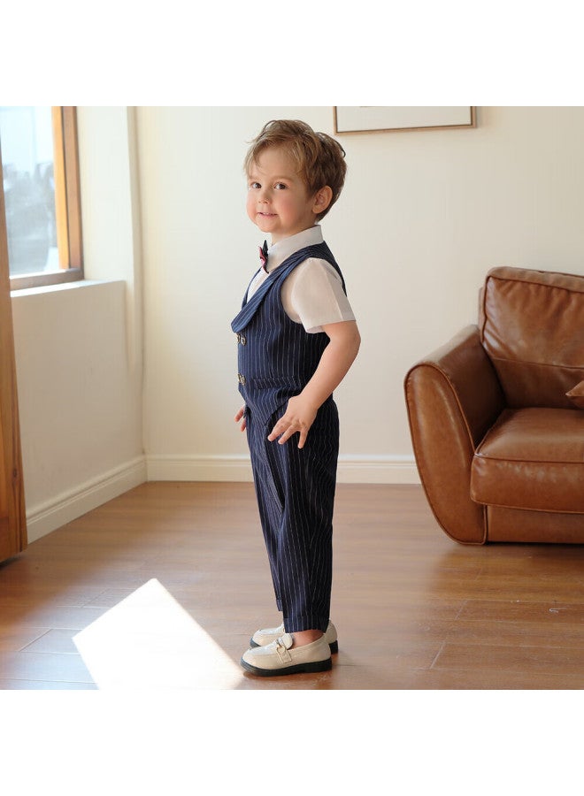 Luobobeibei Children's Formal Wear, Spring And Summer Style, Boys' British Striped Vest Performance Costume Set, Navy Blue Four-piece Set, Size 140 - Image 4