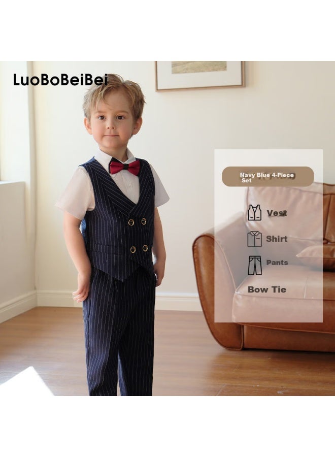 Luobobeibei Children's Formal Wear, Spring And Summer Style, Boys' British Striped Vest Performance Costume Set, Navy Blue Four-piece Set, Size 140 - Image 1