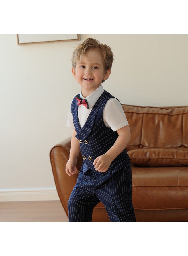 Luobobeibei Children's Formal Wear, Spring And Summer Style, Boys' British Striped Vest Performance Costume Set, Navy Blue Four-piece Set, Size 140 - Image 3