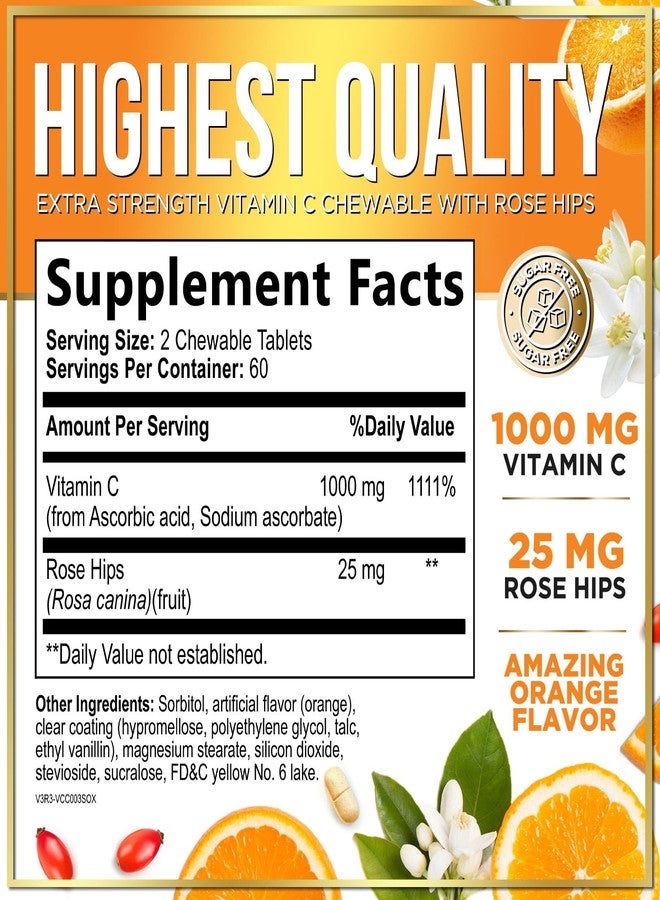 Hello Lovely! Vitamin C 1000mg Per Serving - Extra Strength with Rose Hips Bioflavonoids - Sugar Free Vitamin C Chewable Pills, Vit C Supplement for Immune Support & Antioxidant, USA Bottled - 120 Chewable Tablets - Image 2