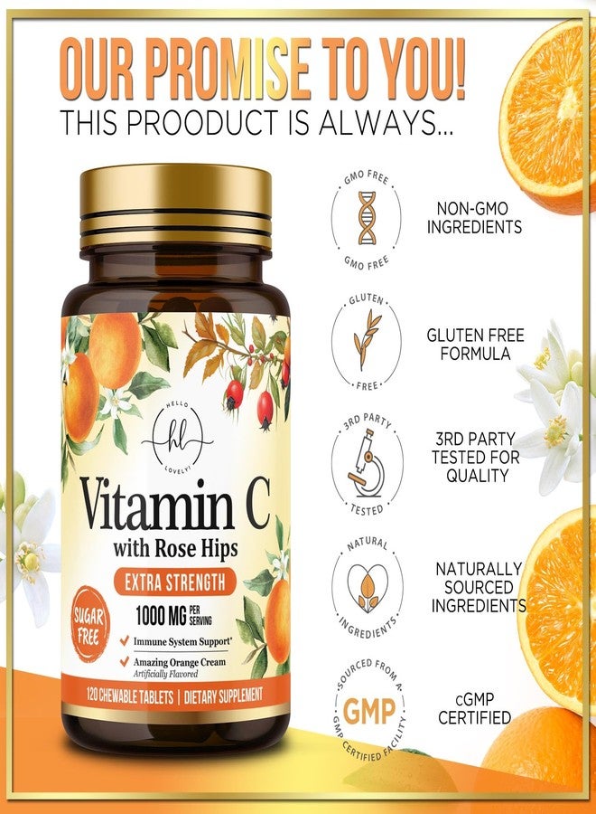 Hello Lovely! Vitamin C 1000mg Per Serving - Extra Strength with Rose Hips Bioflavonoids - Sugar Free Vitamin C Chewable Pills, Vit C Supplement for Immune Support & Antioxidant, USA Bottled - 120 Chewable Tablets - Image 4