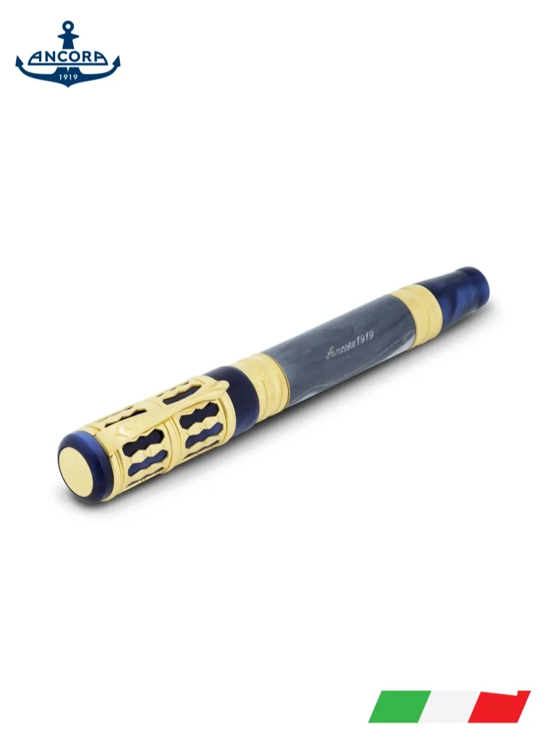 Ancora Torre Blue Limited Luxury Edition Fountain Pen by Ancora 1919 18K Gold Nib Gold Plated Silver Marble Certificated High Quality Pen Smooth Writing Signature Pen Exclusive Gift Box