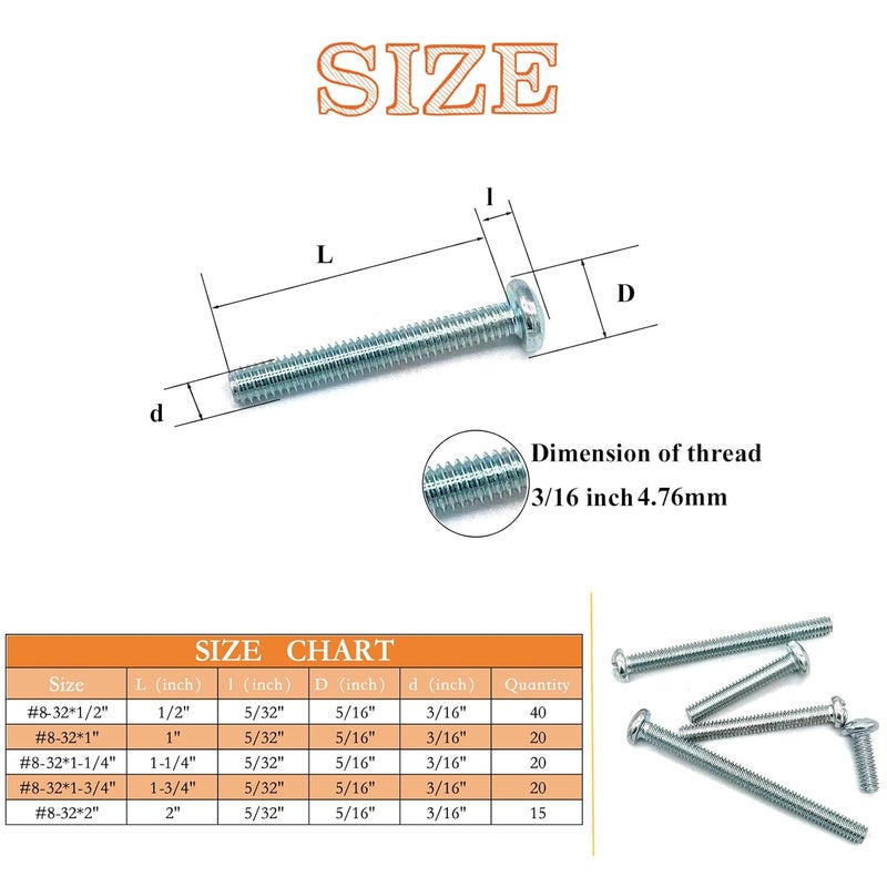 Matrelt 115 Pcs 5 Sizes #8-32 Machine Screws Knob Cabinet Screws Electricians Screws, Carbon Steel Zinc-Plated Phillips Pan Head Machine Screws Assortment Kit - Image 2