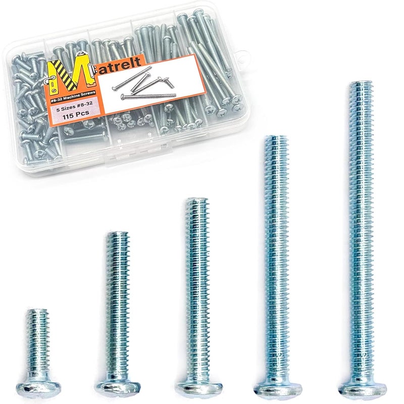 Matrelt 115 Pcs 5 Sizes #8-32 Machine Screws Knob Cabinet Screws Electricians Screws, Carbon Steel Zinc-Plated Phillips Pan Head Machine Screws Assortment Kit - Image 1