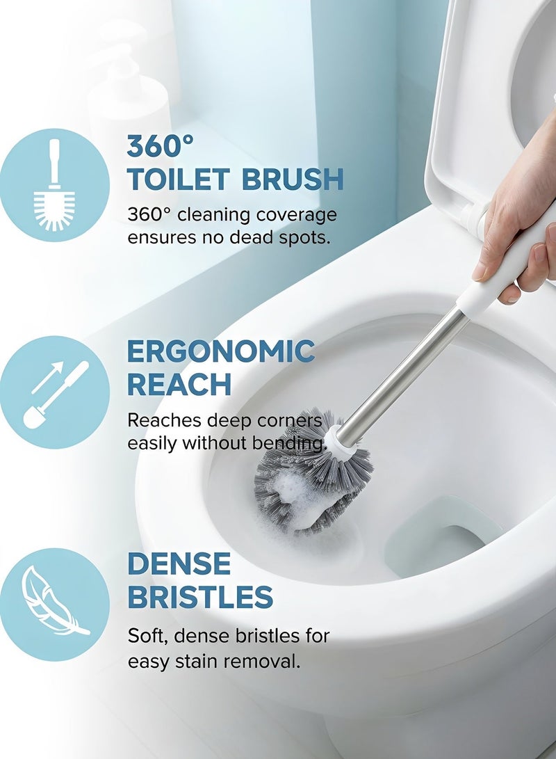 BELANO Toilet Brush Set, 3-in-1 Bathroom Cleaning Kit, Silicone TPR Brush and Stiff Bristle Brush with Tweezers, Wall-Mounted No-Drill Base, Deep Clean No Dead Ends, Anti-Drip Ventilated Holder, White - Image 5