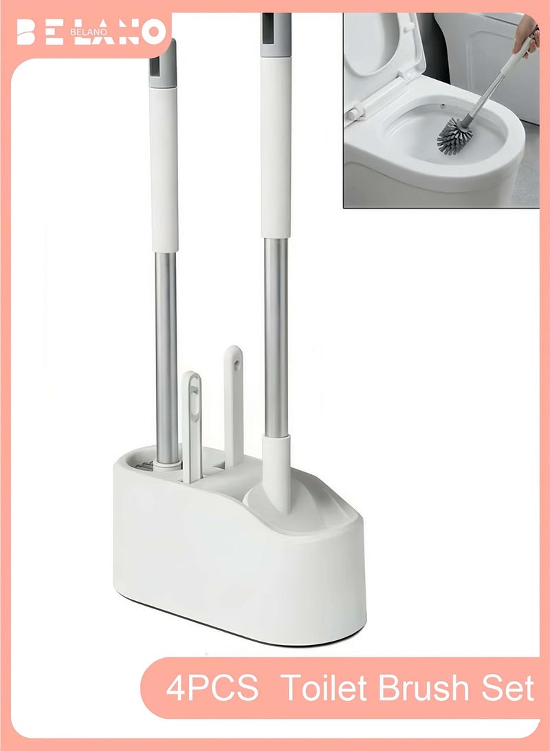BELANO Toilet Brush Set, 3-in-1 Bathroom Cleaning Kit, Silicone TPR Brush and Stiff Bristle Brush with Tweezers, Wall-Mounted No-Drill Base, Deep Clean No Dead Ends, Anti-Drip Ventilated Holder, White - Image 1