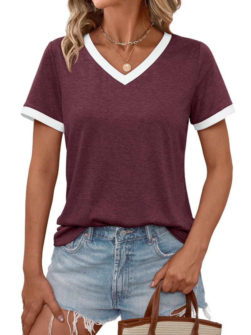 AUTOMET Womens Short Sleeve T-Shirts Summer Tops Casual Soft Tunic V Neck Basic Tees Workout Clothes Spring Fashion Outfits 2026 WineRed M - Image 1