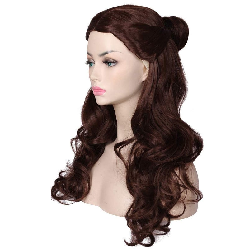 ColorGround Womens Long Wavy Brown Prestyled Cosplay Costume Wig with Detachable Bun