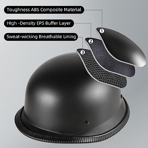 Pretoee German Style Motorcycle Helmet, Thin Skull Cap Half Face Helmet for Adult Men Women, Retro Shell Helmet for Cruiser Scooter Chopper, DOT Approved (Matte Black, X-Large) - Image 3