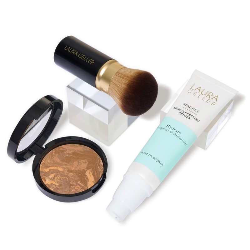 LAURA GELLER NEW YORK Lauras MustHaves Kit 3pc Baked BalancenBrighten Powder Foundation Sand Spackle Skin Perfecting Makeup Primer Hydrate Airbrush Round Kabuki Brush