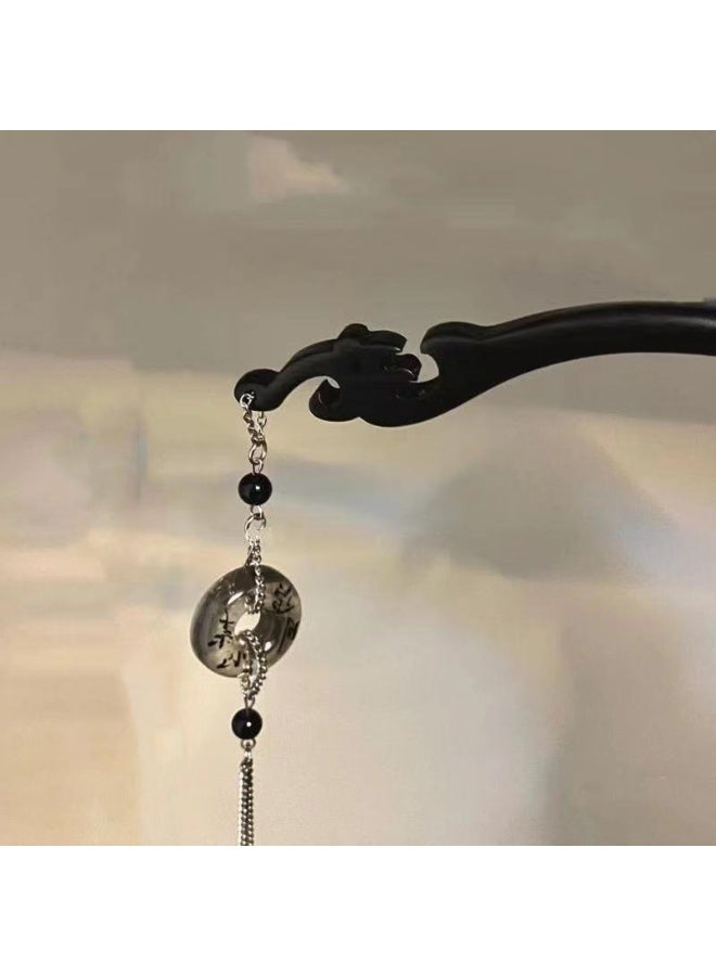 Elegant Ink Wash Butterfly Calligraphy Pendant Tassel Hairpin - Serene Ancient Style Hair Accessory for Women in New Chinese Aesthetic