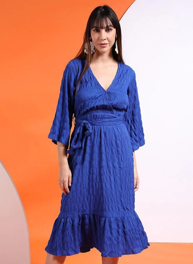 Freehand Freehand Women Blue Seersucker Wrap Front Midi Dress