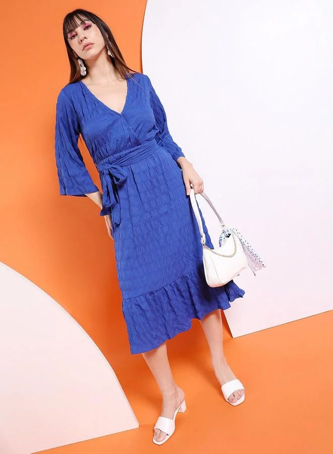 Freehand Freehand Women Blue Seersucker Wrap Front Midi Dress