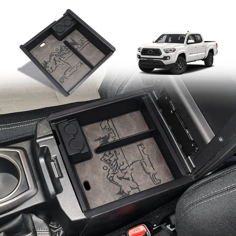 TripleAliners for 2023 Tacoma Center Console Organizer with Leather Trim Inserts Compatible with Toyota Tacoma 2016 2017 2018 2019 2020 2021 2022 2023 Armrest Storage Box Leather Retro Grey