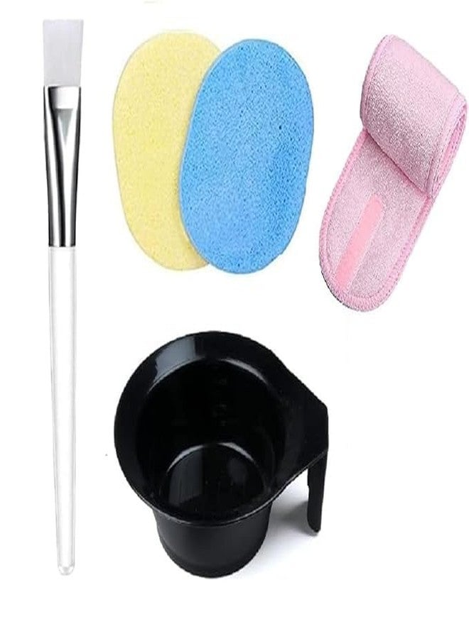 Onward Facial Mask Applicator Brush with Bowl | Face Pack Makeup Cosmetic Soft Brush | 2 Face Cleaning Sponges | Women's Polycotton Elasticized Adjustable Head Wrap Facial Headband COMBO - Image 1