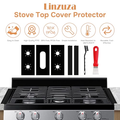 Linzuza Guards for Gas Stove Top Covers Protector 0.3mm,Gas Stove Burner Covers 3 Stove Mat Protector with 2 Stove Gap Fillers&Cleaning Brushes&Scraper,Heat Resistance Durable Washable and Cuttable - Image 2