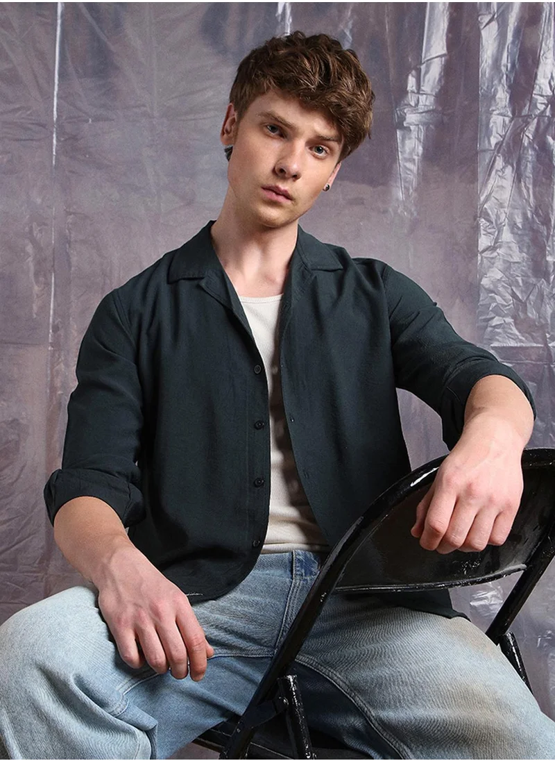 هوبرهولمي Men's Green Nylon Blend Solid Button Down Relaxed Fit Shirt
