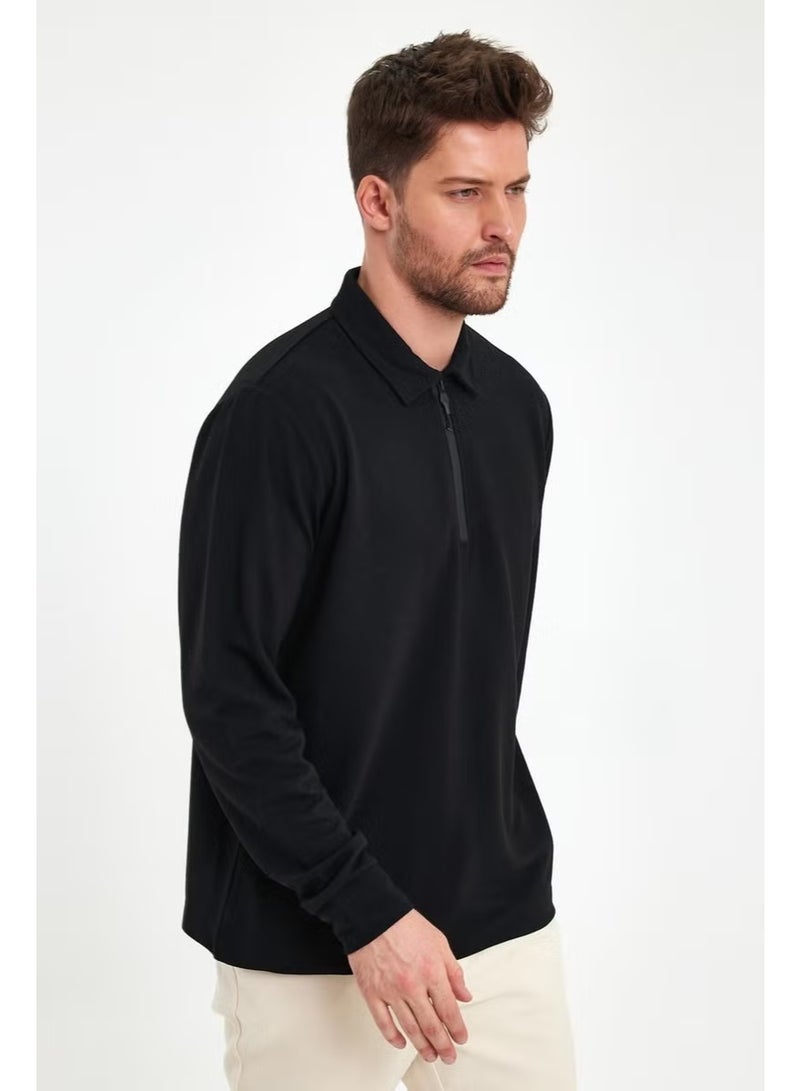 Odelon Men's Polo Neck Zippered Comfort Fit Sweatshirt Black Mars40 - Image 3
