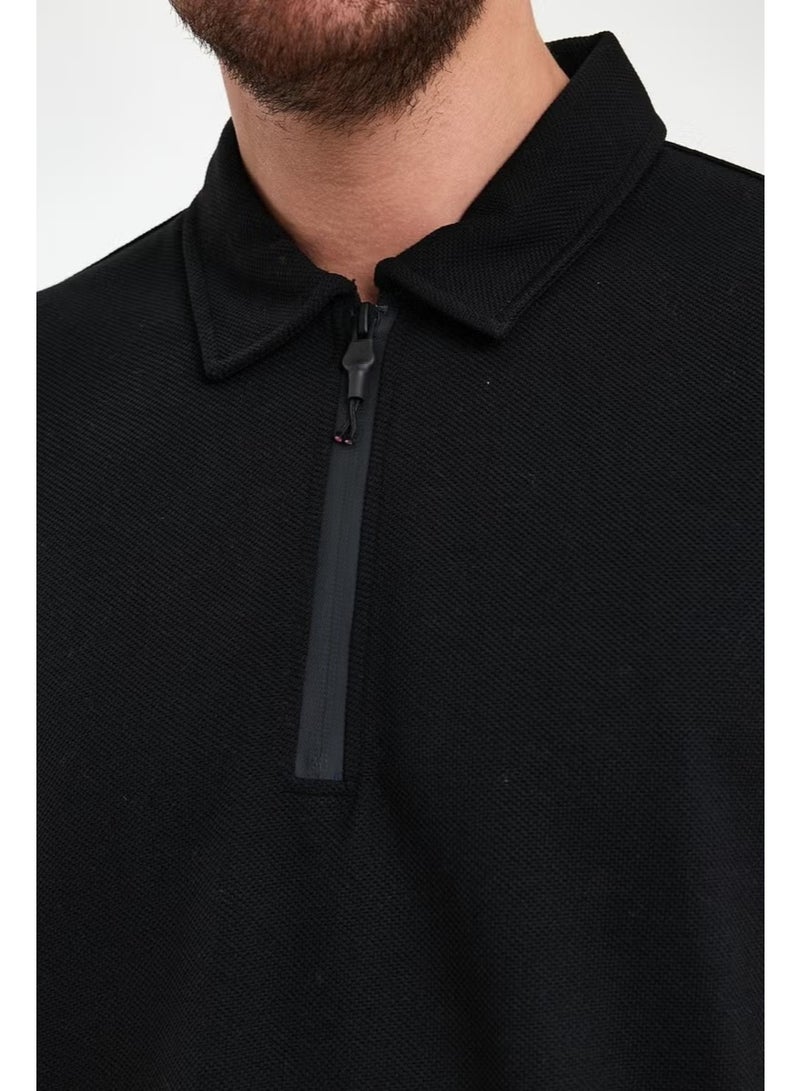 Odelon Men's Polo Neck Zippered Comfort Fit Sweatshirt Black Mars40 - Image 2