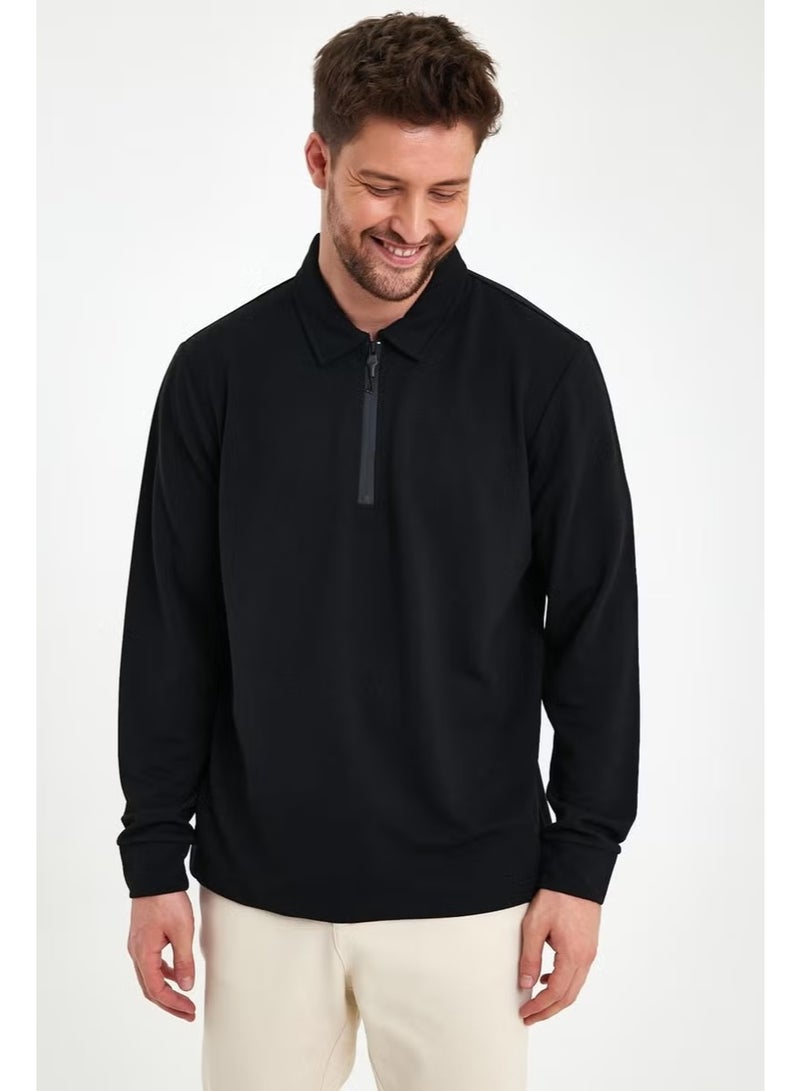 Odelon Men's Polo Neck Zippered Comfort Fit Sweatshirt Black Mars40 - Image 4