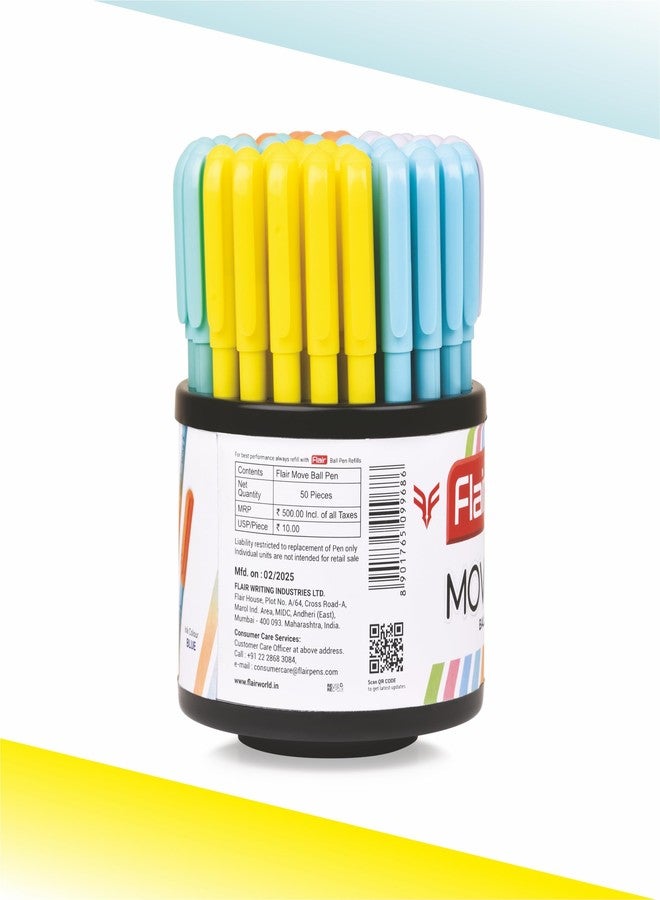 FLAIR Move Ball Pen Stand - Pack of 50 | Fine Tip Blue Ink Pens | Minimalistic Pastel Body Colors, Matte Finish | Smooth & Effortless Writing with Sleek Clip Design - Image 5