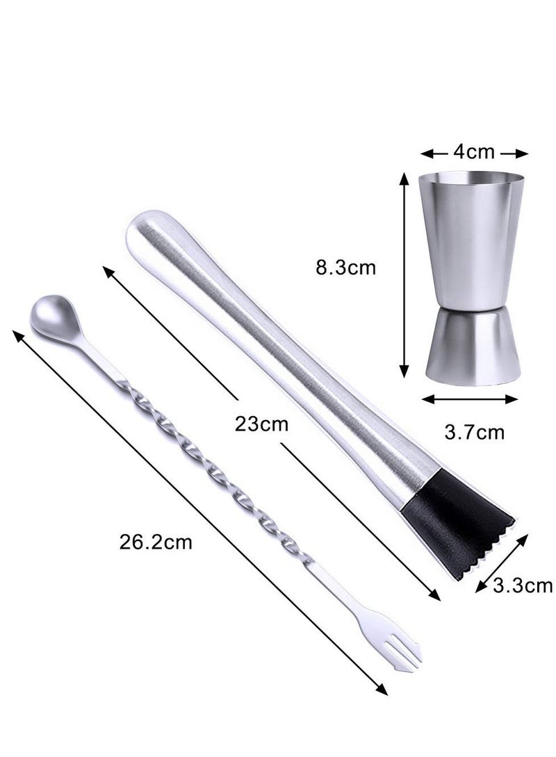 Stainless Steel Cocktail Muddler with Mixing Spoon and Jigger - Professional Bar Tools for Cocktails, Milk Tea, Coffee Shops, and Home Use.