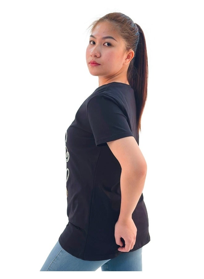 JOANNA JOANNA W203041 Women's Geometric Design Round Neck Short Sleeve T-Shirt - Black - Image 2