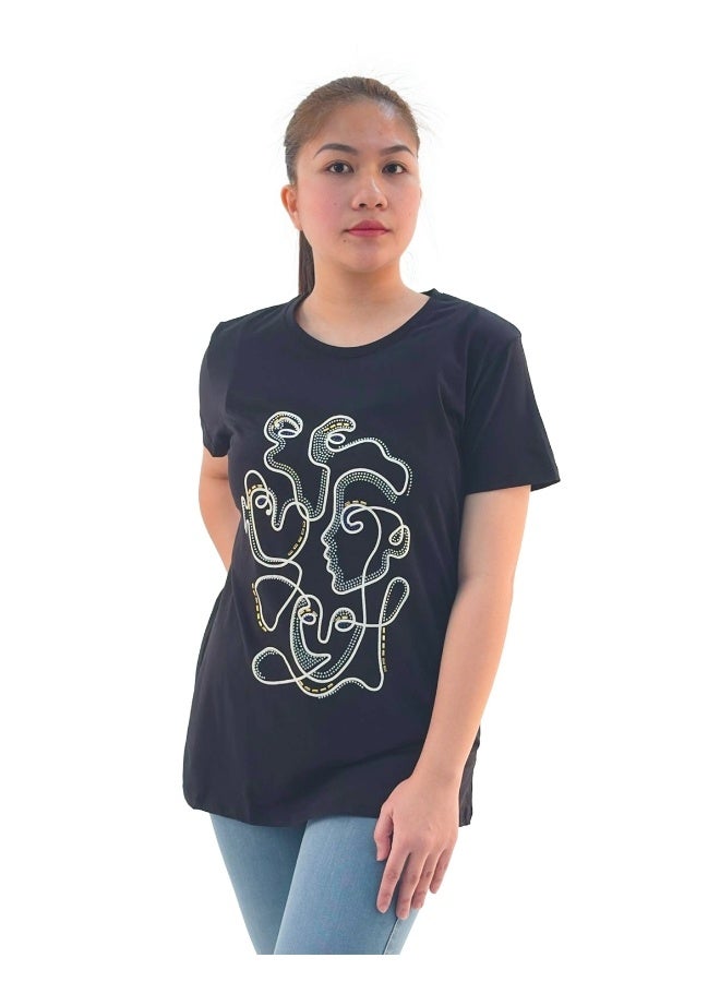 JOANNA JOANNA W203041 Women's Geometric Design Round Neck Short Sleeve T-Shirt - Black - Image 1