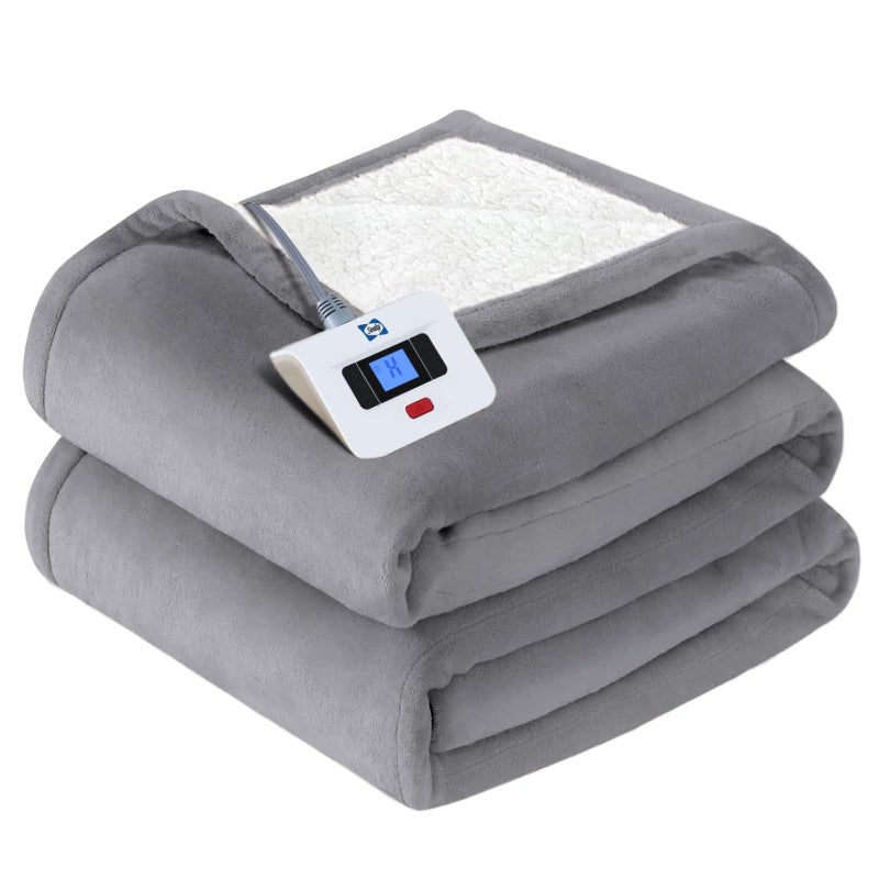 SEALY Electric Blanket Twin Size Flannel Sherpa Heated Blanket with 10 Heating Levels 112 Hours Auto Off Machine Washable Light Grey 62x 84