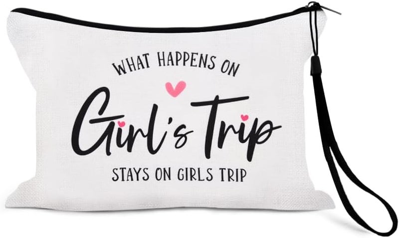 Sisadodo Travel Makeup Bag Organiser for Teenage Girls Funny Cosmetic Storage Bag for Holidays Trips What Happens on Girls Trip Print Toiletry Organiser Pouch for Women Girl with Anti Loss Strap