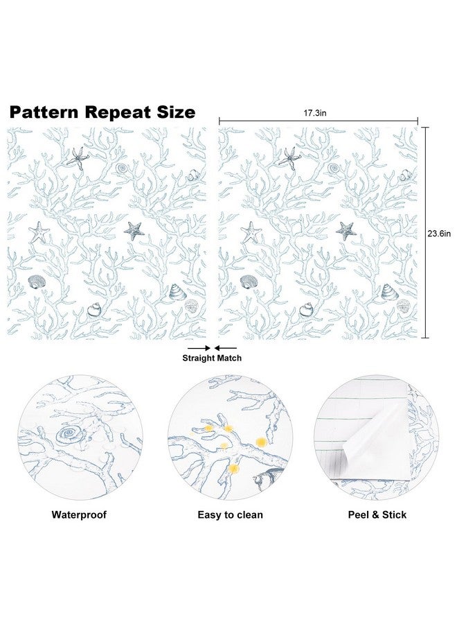 WENMER Coastal Wallpaper Peel And Stick 17.3" X 1181" White And Light Blue Contact Paper Coral Seashell Starfish Wallpaper Self Adhesive Beach Ocean Wallpaper For Bathroom Cabinets Decor  - Image 4