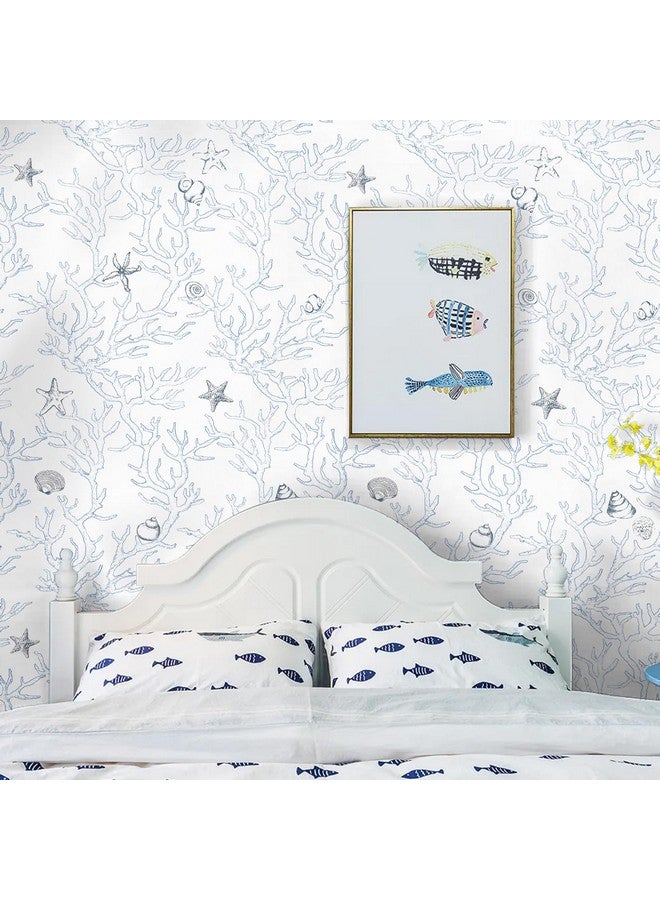 WENMER Coastal Wallpaper Peel And Stick 17.3" X 1181" White And Light Blue Contact Paper Coral Seashell Starfish Wallpaper Self Adhesive Beach Ocean Wallpaper For Bathroom Cabinets Decor  - Image 3